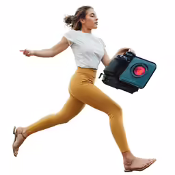 the girl is carrying a camera and carrying it