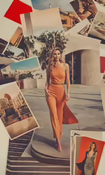 a model wearing an orange outfit surrounded by photos