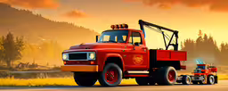 a cartoon of an old red truck with a crane next to it,a large fire truck parked near a rural setting