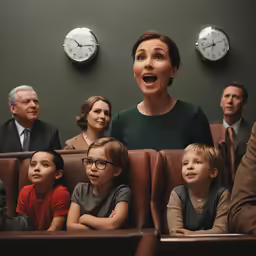 a woman with her mouth open surrounded by a bunch of people