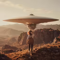 a woman looks out over the desert at a giant object