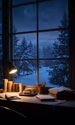 a small lit up window at a desk in front of snowy trees