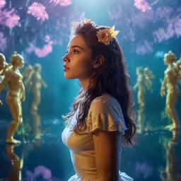 a girl dressed as a fairy tale and flowers in her hair looks out to a crowd of other children in front of her