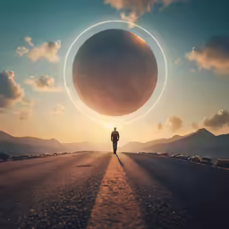 a person standing on a road with an image of the sun in the middle