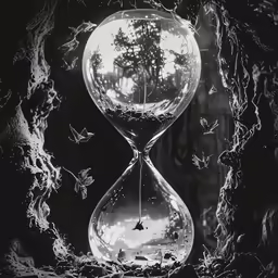 an hourglass with an image of a tree inside it