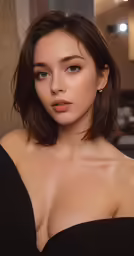 a woman wearing a black dress with large breasts