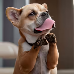 a little dog that is standing up with its paws in the air