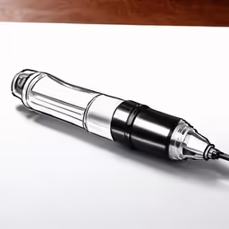 a fountain pen with a metal tip on top of a white paper