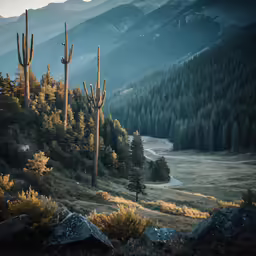 view down at an arid meadow with cactus in foreground