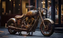 the motorcycle is parked next to the building