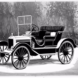 a vintage automobile in black and white sitting on concrete
