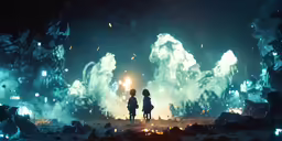 two children standing on the ground looking at fireworks