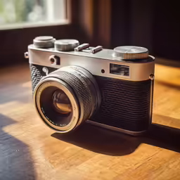 an old camera sits on the floor near a window