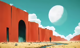 painting of a man standing on the side of an desert with a big moon in the sky
