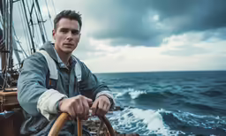 man sitting in chair on the side of sailboat near ocean