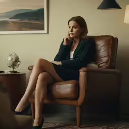a woman in a black dress sitting on a chair