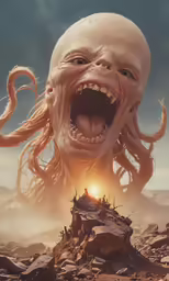 a poster with a weird looking creature and a tree stump