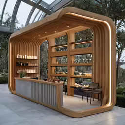 a restaurant with lots of wooden shelves with windows on the ceiling