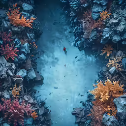 an aerial view of some rocks and sea plants