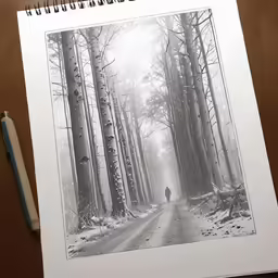 a person is walking in the forest by some trees