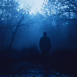 a person standing in a dark woods on the trail
