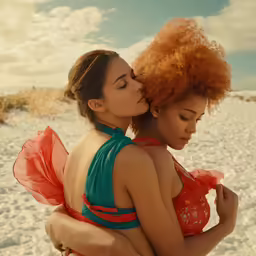 two women embracing with red hair at the beach