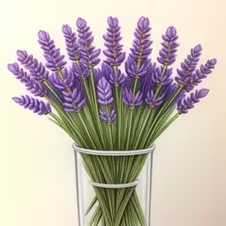 the purple flowers in the glass have very long stems