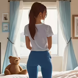 a woman in a white shirt and light blue pants