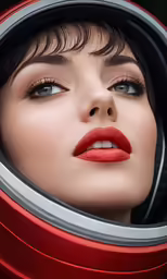 a woman looking through a mirror that has a face up to the side and her mouth is open
