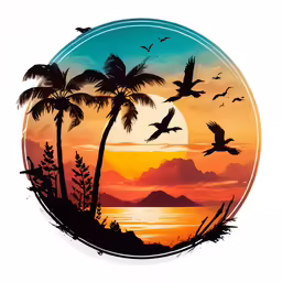 some birds flying over a body of water near palm trees