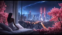 a woman sitting on a bed in front of a window overlooking a city
