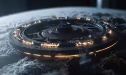 a spaceship sits at the base of a rocky, snowy, icy object