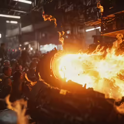 a bunch of men watching a huge metal object burn
