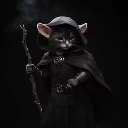 a cat wearing black clothes and a hat and holding a stick