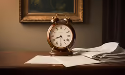 an antique clock on a table with papers