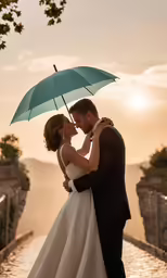 wedding couple kissing under an umbrella