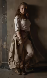a woman in a brown outfit stands next to an object