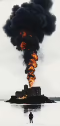 black smoke billows from the top of a building near the ocean