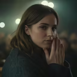 a woman in the middle of an audience holding her hand up to her mouth