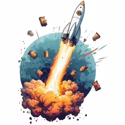 a spaceship takes off into space with rocket, books flying up