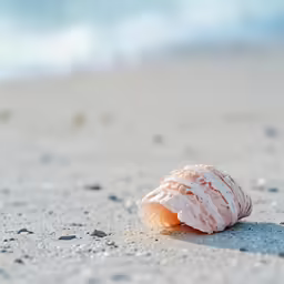 a conch shell on the beach with the ocean in the background