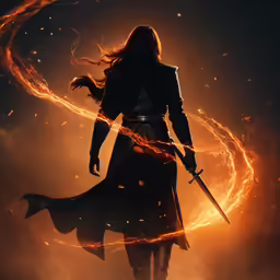 a woman in the middle of fire holding two swords