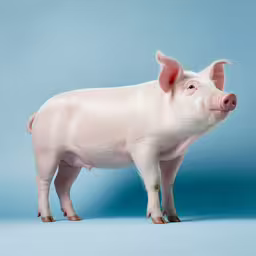 a pig standing up looking at the camera,a small pig on a blue background next to the camera