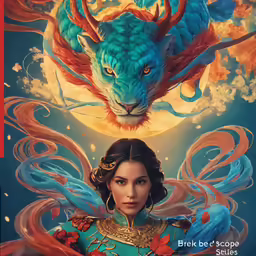 a woman in a blue dress is standing with a tiger on her head