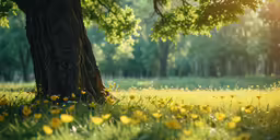 green grass and flowers in front of a large tree