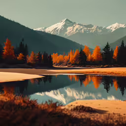a mountain range is shown in the distance behind the pond,mountain range and lake surrounded by golden trees