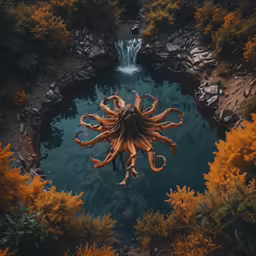 a huge octopus floating in water near some rocks