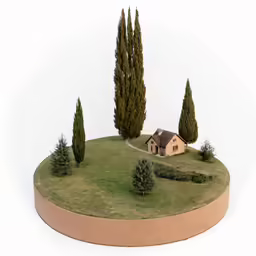 a miniature garden with a house and trees