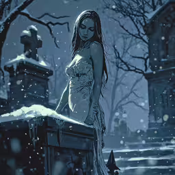 a woman in the snow next to a cemetery,a lady dressed in a long white gown next to cemetery