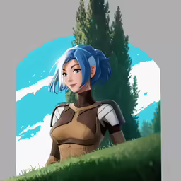 an avatar with blue hair stands in the grass